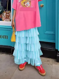 Women Tiered Ruffled Tulle Pants Casual Mesh Ruffles Stripe Print Elastic Trousers for Daily Streetwear