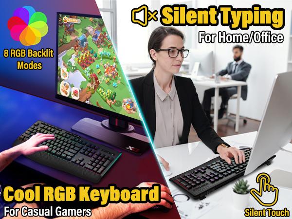 E-YOOSO Tri-Mode Wireless Mechanical Feel Keyboard - 104 Keys Full-Size Silent Quiet Keys - 8 RGB Backlit - BT5.0/2.4G/Wired - Ergonomic Palm Rest for Windows, Mac, Laptop, PS5, Xbox