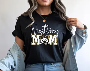 Black Bella + Canvas Soft Style Unisex Women's Wrestling Mom with Real No Flake Glitter Cotton Tee Shirt