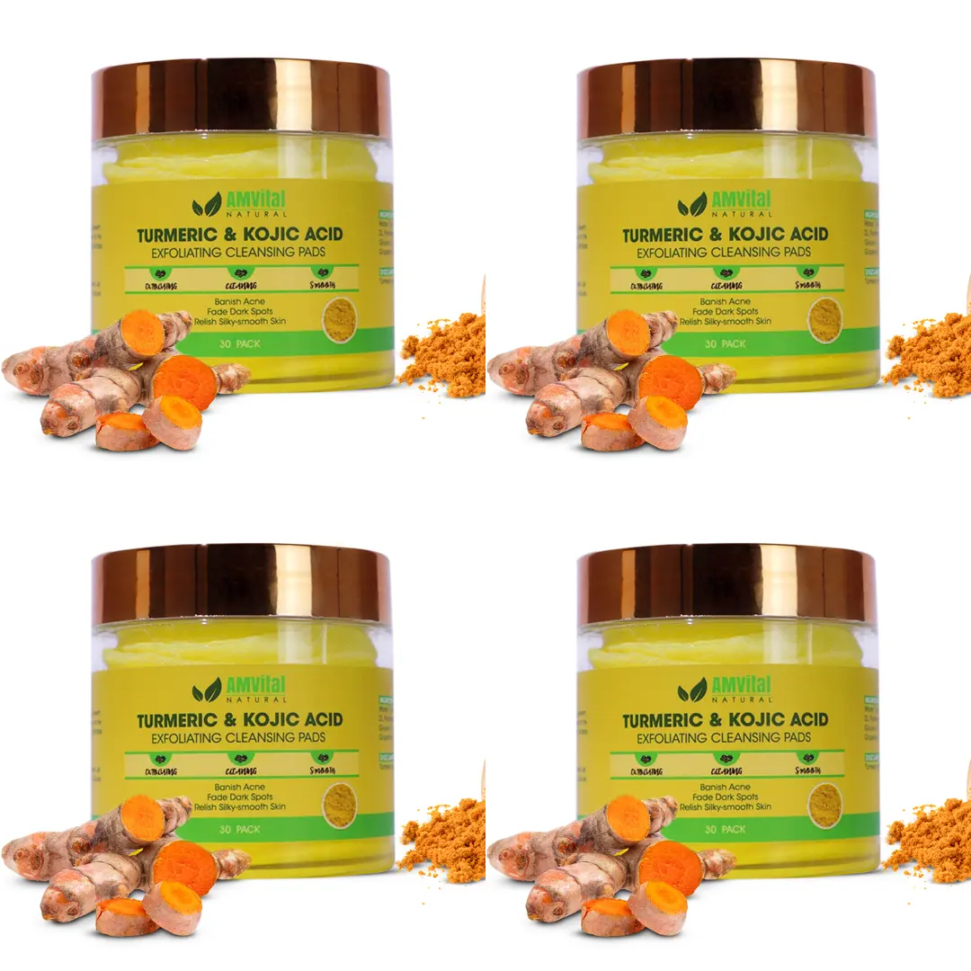 AMVital Turmeric Kojic Acid Exfoliating Pads - Alcohol-Free Facial Cleanser for Black Women & All Types, 4-Pack (120 Total Pads) for Hyperpigmentation, Dark Spots Treatment, Hydrate, Moisturizing, Brighten, Even Skin Tone, Radiant Skin