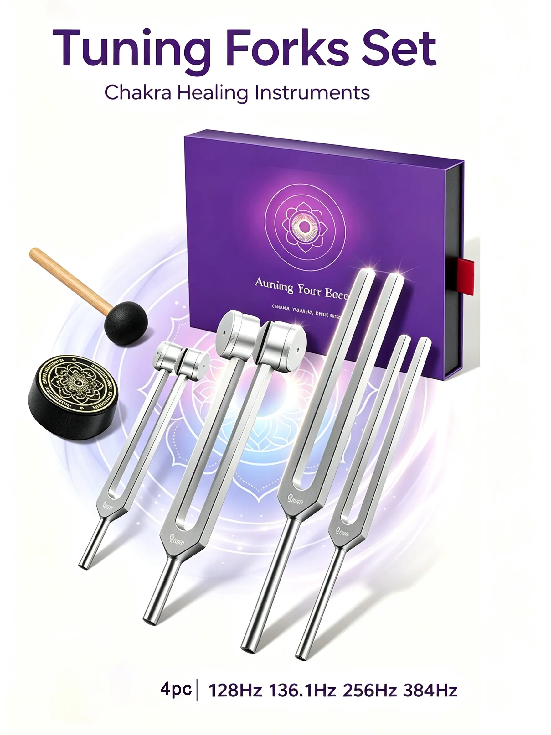 Aluminum Alloy Tuning Fork Set (4 PCS: 128Hz, 136.1Hz, 256Hz, 384Hz), Weighted & Unweighted, Rubber Mallet, Instruction Manual Included, Comfortable Grip, Chakra Sound Vibration Tool for Meditation & Relaxation, Premium Gift Box for Adults, Reiki, Lower C