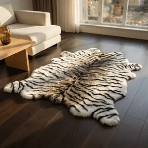 Imitation Tiger Skin Pattern Plush Rug, Luxurious Living Room Bedroom Mat, Soft Wool-Like Comfortable Non-Slip Pad