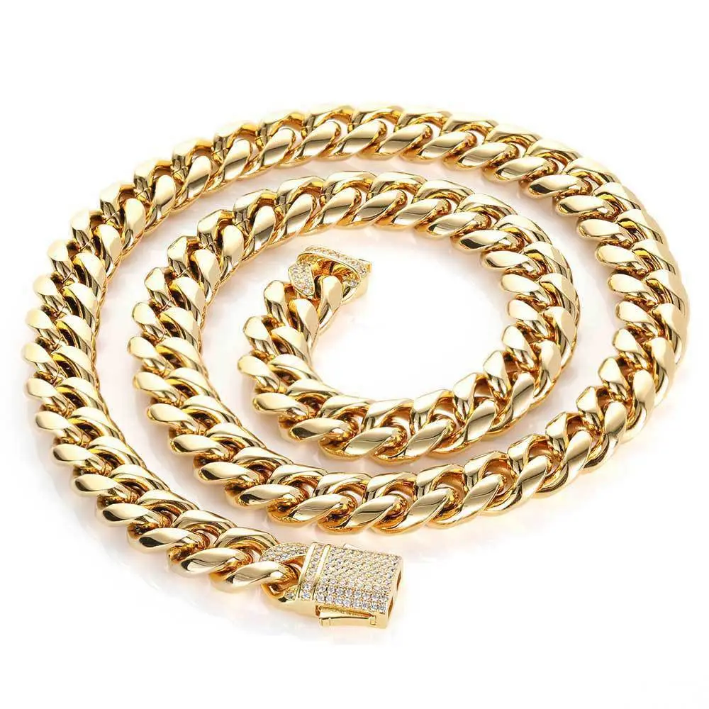 Necklace Bracelet Set for Men, Iced Out Hip Hop Cubanchain, Tarnish-Resistant Gold Plated with Heavy-Duty Micro Paved CZ Clasp, Golden Jewelry Set, Fashion, Copper Base, Tarnish Res.