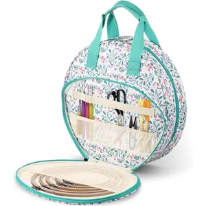 Hnvdkln Embroidery Project Bag, Oxford Cloth Cross Stitch Bag with Multiple Pockets and Handle Double, Layer Round Embroidery Storage Bag for Embroiderys Kits and Cross Stitch Kits Tools (Lake Blue)