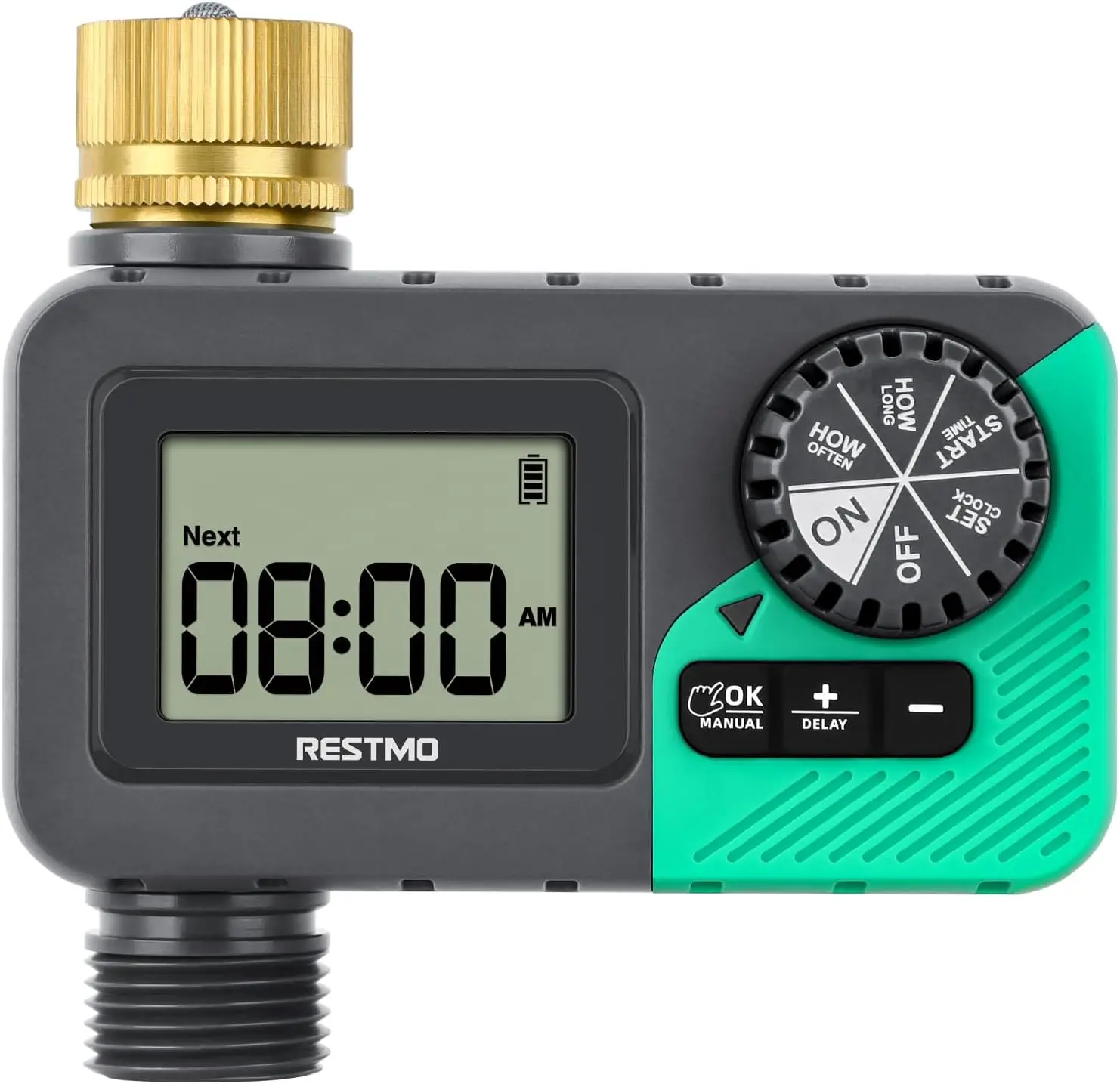 RESTMO Brass Inlet Drip Hose Timer for Garden Hose - Outdoor Faucet, Lawn Watering System with Rain Delay, Manual, Automatic Modes, Drip Hose Timers