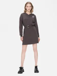 Hooded Knit Belted Mini Sweatshirt Dress with "ART" Embroidery