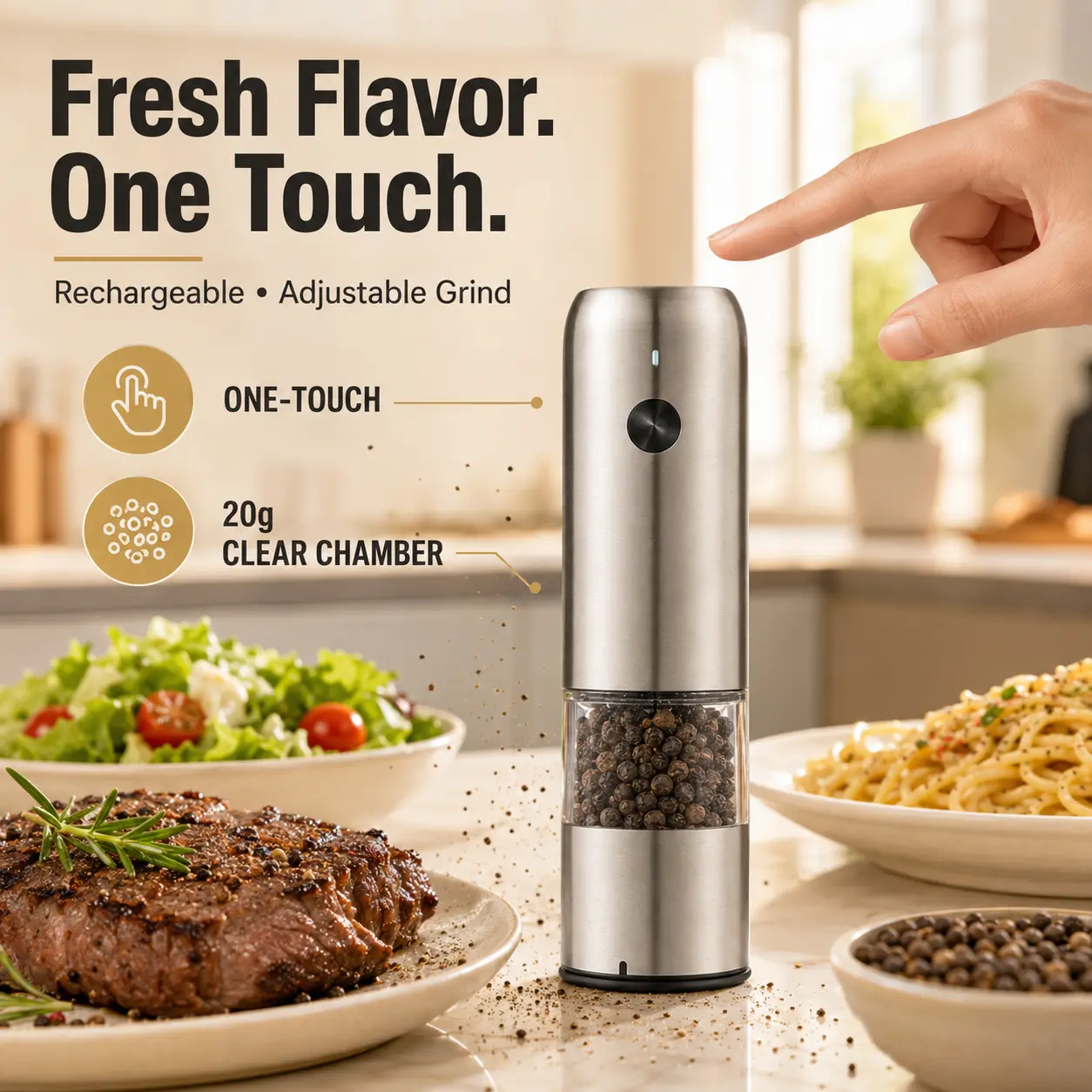 Automatic Salt & Pepper Grinder – Sleek Stainless Steel Design with USB-C Charging Grinder for Kitchen Adjustable Grind Levels & Visible Spice Chamber