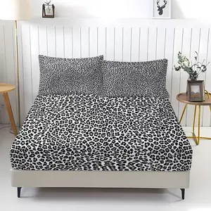 3 Pcs Black-White Dense Leopard Print Fitted Sheet Set, Bed Sheets Set, Decorative Bedsheet Sets, 1 Fitted Sheet & 2 Pillowcases (no filler), Dense Leopard Pattern, Fits Home Decor, Ideal for Fans/Students/Families
