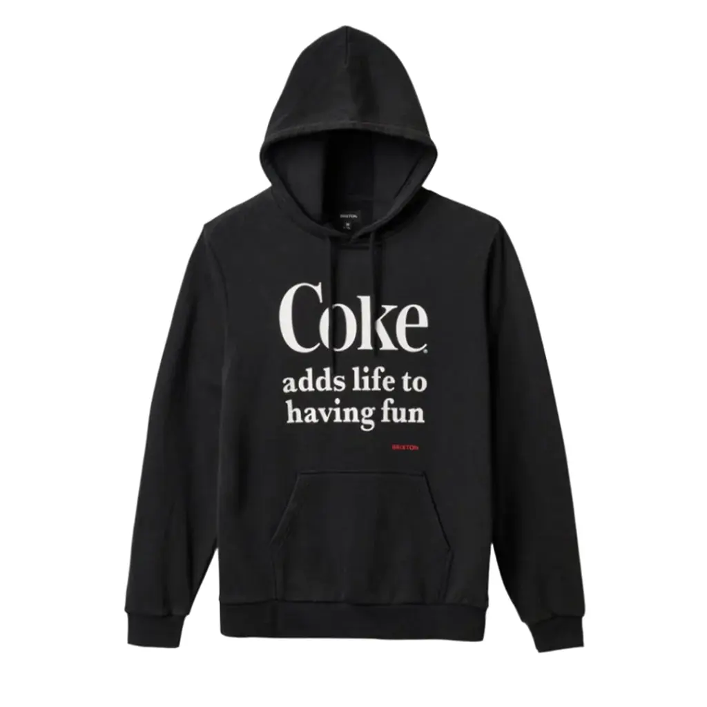Brixton Men's Coca-Cola Long Sleeve Pullover Hoodie, Cotton-Polyester Casual Wear, Cartoon Printed Logo, Worn Wash Look, Drawstring Hood, Standard Fit, All-Season Mens Graphic Sweatshirt Top, Cotton-Poly Mix