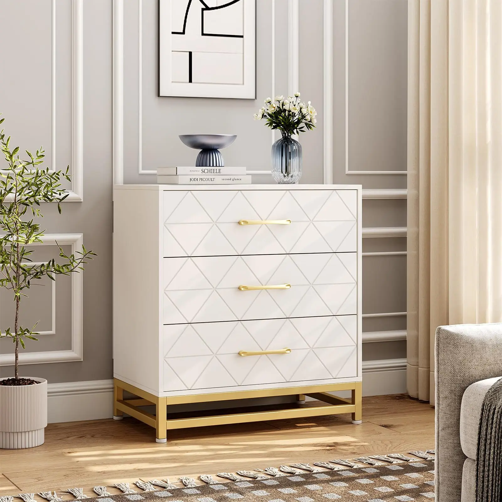 White MDF Wood 3-Drawer Modern Dresser - Waterproof Bedroom Sideboard Storage Cabinet, Easy-Assembly Makeup Vanity with Metal Legs, 23 w x 15 d x 28 h, Up to 35lbs Beauty Organization Indoor Furniture, Vanity Organization