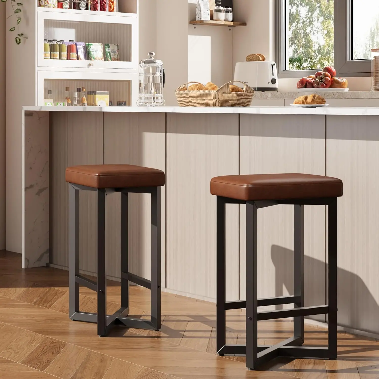 Bar Stools Set of 2 24.6 inch Counter Height Backless Barstools Upholstered PU Leather Seats with Metal X-Frame Footrest Modern Kitchen Stools for Home Bar Dining Room Brown