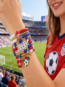 World Cup Stackable Beaded Bracelets – Clay Stretch Bracelets with Soccer/Letter/Flag Charms, Patriotic Sports Jewelry for Fans, Perfect for Game Days & Holiday Gifts