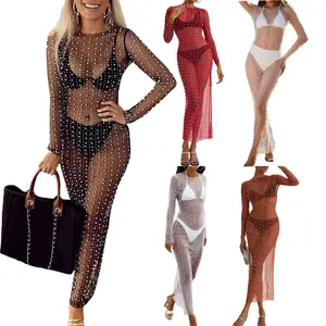 Women's Mesh Sheer Pearl Bikini Cover Long Sleeve Dress See Through Skinny Version Clothing  Fishnet Bikini Coverups Rhinestone Beach  Maxi Sundress pearl red dress fashion nova plus size