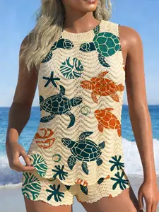 Women's Oceanic Turtle Starfish Knit Set, Wave Texture Round Neck Sleeveless Top & Short Pants, Casual Summer Fall Womenswear