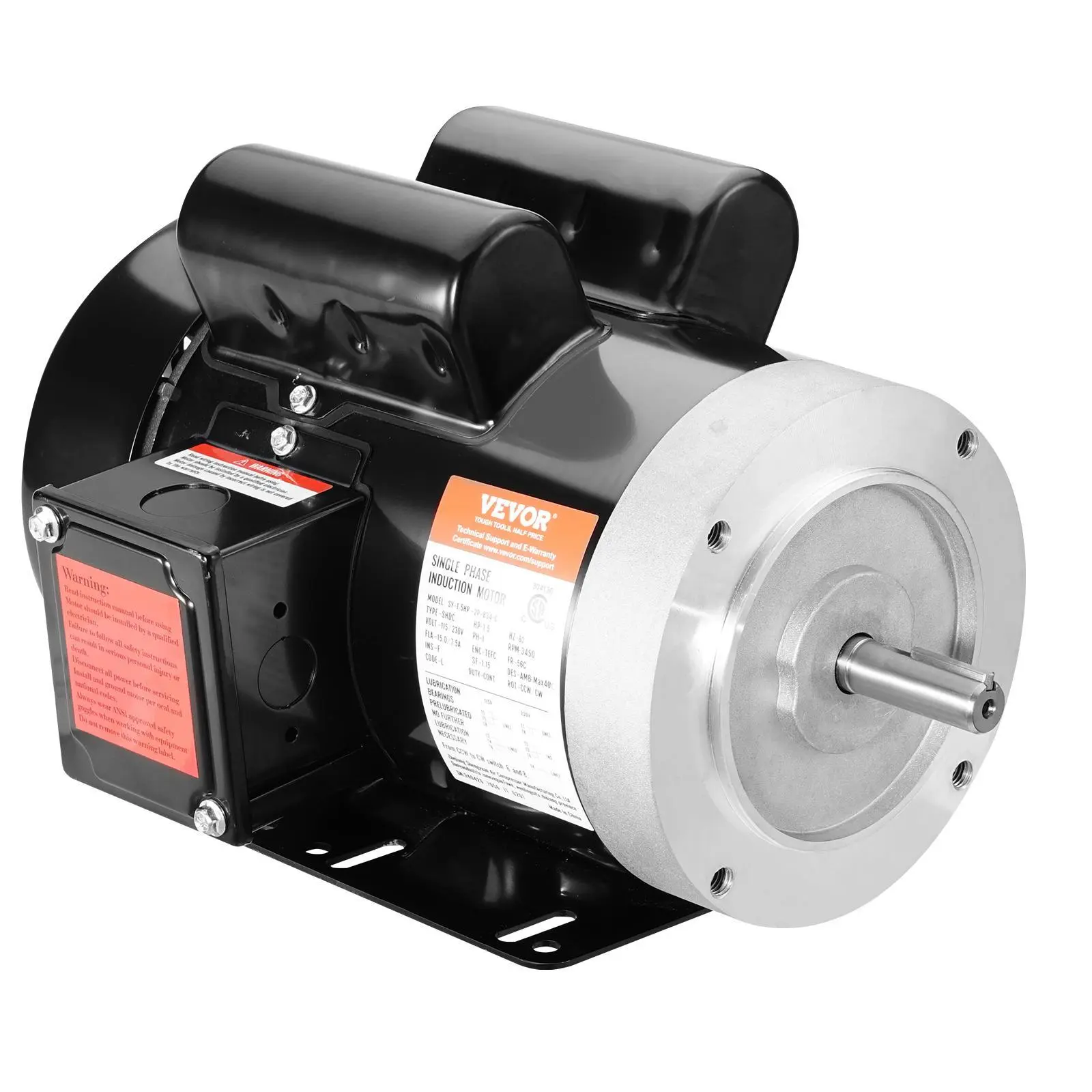 【summerfinds】VEVOR 1.5HP Electric Motor 3450 rpm, AC 115V/230V, 56C Frame, Air Compressor Motor Single Phase, 5/8" Keyed Shaft, CW/CCW Rotation for Agricultural Machinery and General Equipment, Heavy Duty Motor, High Power Motor