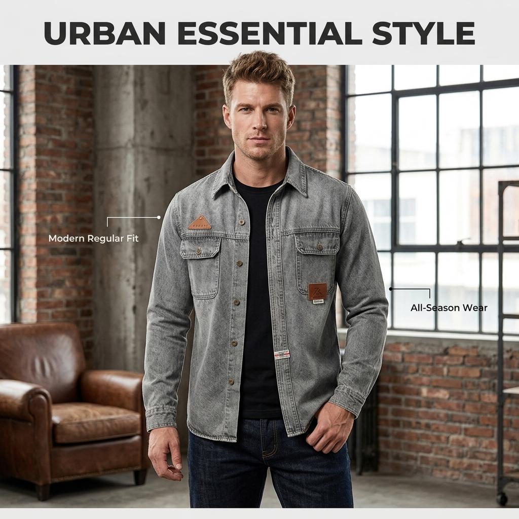 Men's  Washed Denim Shirt, Retro Distressed Biker  Shirt， Classic Trucker Shirt with Shoulder Stitching, Casual Button-Down Motorcycle Denim Shirt  for Men, Fashion Streetwear Denim Shirt for Daily Wear, Riding, Outdoor
