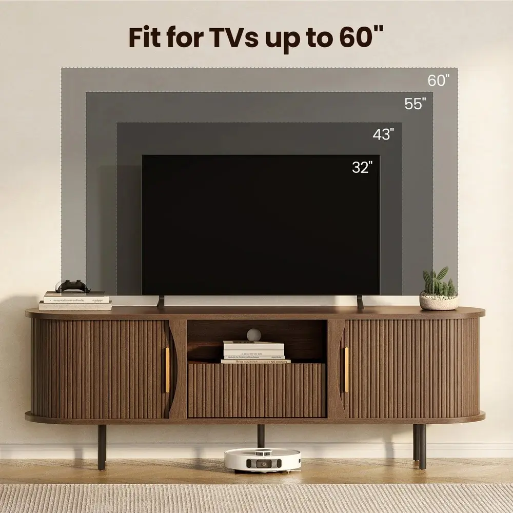 SIKAIC 63-in Mid-Century Minimalist TV Stand - Fluted Wood Console Cabinet, Sliding Doors, Drawer, Cable Management, Waterproof Surface, Living Room Decor, Apartment Furniture, Fits Up to 65-in Televisions,dorm essentials,home decor