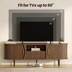 SIKAIC 63-in Mid-Century Minimalist Wood TV Stand, Fluted Entertainment Center with Sliding Doors & Drawer, Wood TV Console Cabinet for Living Room (Fits Up to 65-in Televisions)