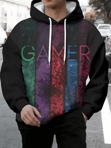 Men's Gamer Hoodie, Trendy Loose Fit, All over Print, Casual Style, Essential for Game Enthusiasts, Fall & Winter Fashion, Casual Pullover Hoodies