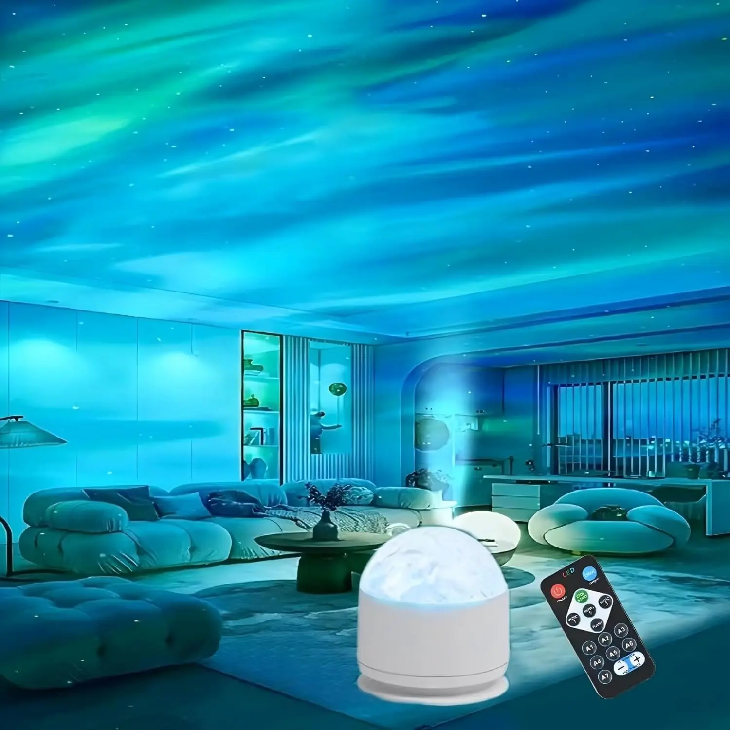 7-Color Music-Synced LED Star Projector Night Light - 2 Scenes (Ocean Wave, 3D Water Ripple) Cool Tech Gadget for Room Decor, Living Room Decorations, Sleep, Unique Gifts Lighting