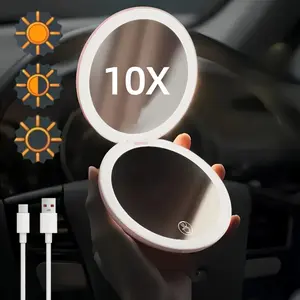 10x Magnifying Lighted Makeup Mirror with Dual Lights & Tri-Color Illumination, Foldable Travel Design, Battery-Free Beauty Tool for Touch-Ups