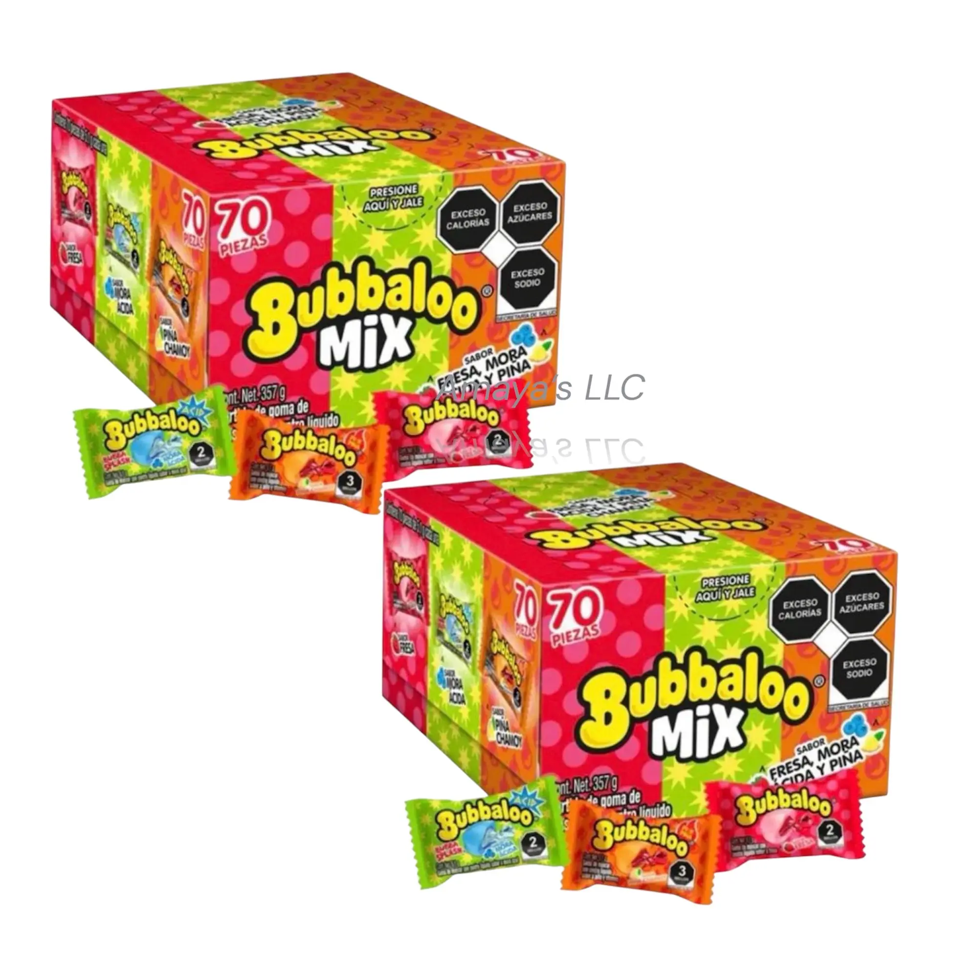 Bubbaloo Mix 3-Flavor (70 Pieces)-2pack Liquid-Filled Center Bubble Gum, Mexican Candy, Dulces Mexicanos, Flavors Fresa, Mora Acidia, and Pineapple Chamoy