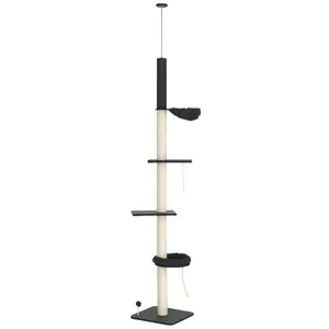 PawHut Floor To Ceiling Cat Tree, 5-Tier Cat Climbing Tower, 95''-106'' Height Adjustable with Carpeted Platforms, Cozy Bed, Hammock, Scratching Post & Toy Ball for Indoor Cats, Black and Cream