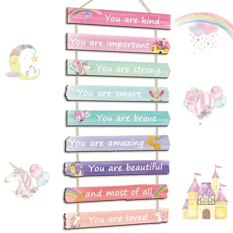 9 Piece Set 2D Flat Wooden Unicorn Rainbow Wall Decor, Inspirational Art Wood Sign, Home Bedroom Living Room Door Decoration, Interior Wall Decor, Wall Hanging Ornament, Room Decorations, Home Decor Products