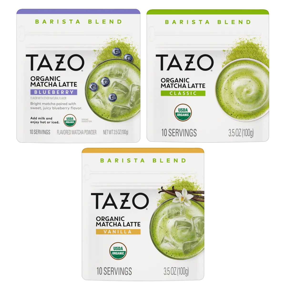 Tazo Organic Matcha Latte, Barista Blend Matcha Powder, 10 Servings, Café‑Quality Matcha, Variety Pack, Classic, Vanilla, and Blueberry