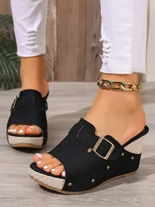 2026 Summer New Flatform Elegant Classic Sandals for Women, Thick Sole Waterproof Casual Fashion Slippers, PU Upper PVC Sole, Solid Pattern, Less Than Ankle Height