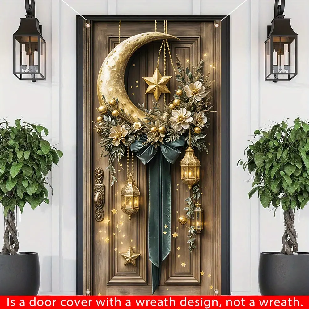 1 Idmubarak door cover wreath, polyester fiber Ramadan Karim porch flag, Muslim Islamic family wall outdoor hanging decoration, carnival theme, suitable for entrance, garden, Doorframe ornament, Hanging Ornament, Hanging Garland, Outdoor Party Decoration