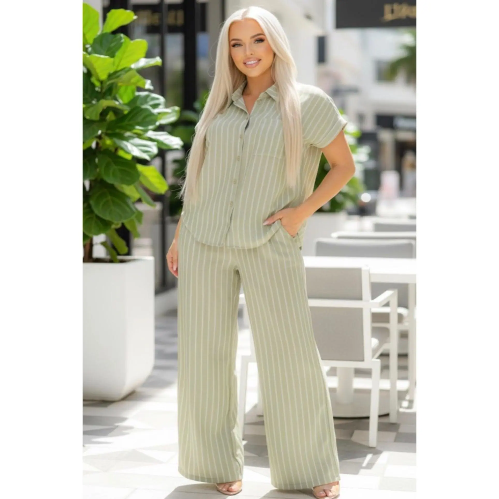 Women's 2PC Elegant Casual Chic Clothes Set - Oversized Lightweight Short-Sleeve Stripe Shirt & Strappy Wide-Leg Pant for Cocktail Occasions, Coordinated Set, Two Piece Pants & Top Sets