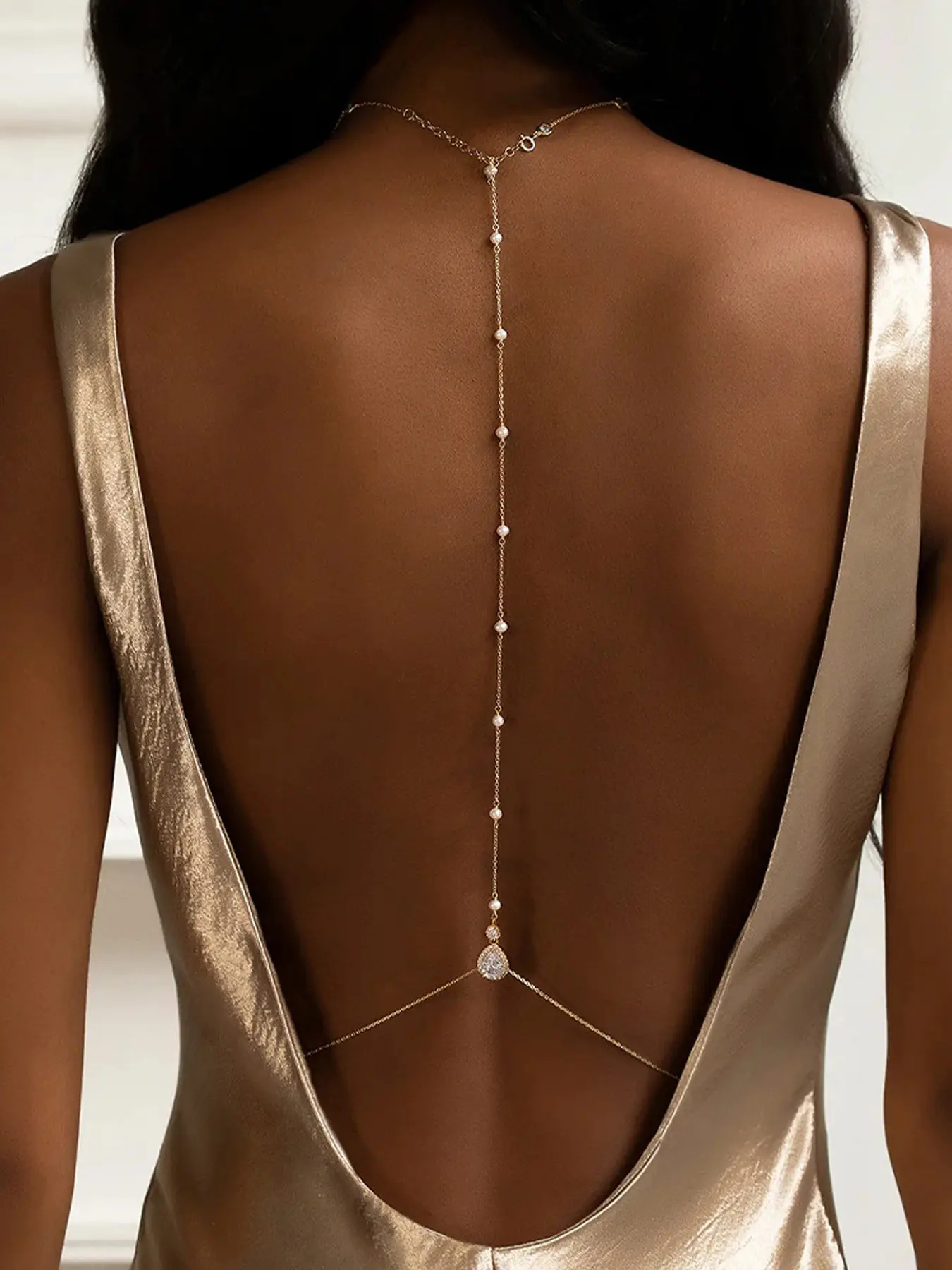 Artificial Pearl Back Chain Necklace,Crystal Drop BackDrop Jewelry,Wedding Bridal Long Pearl Back Necklace Jewelry for Women Backless Dress