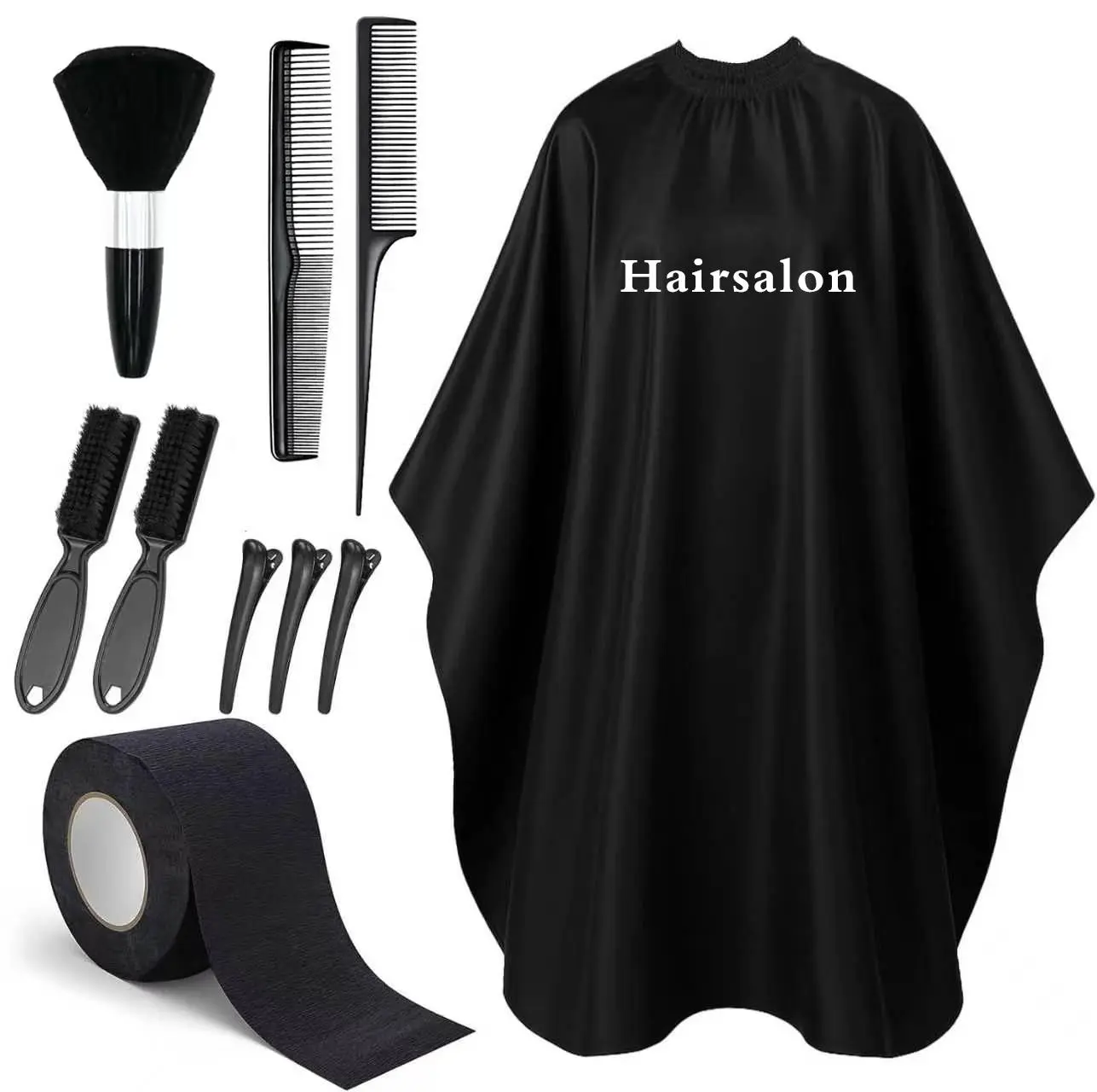 10 in 1 Barber Cape Kit, Hair Cutting Cape Neck Duster Brush Combs, Clips & Cleaning Supplies for Home Men Father Gifts Black Lightweight