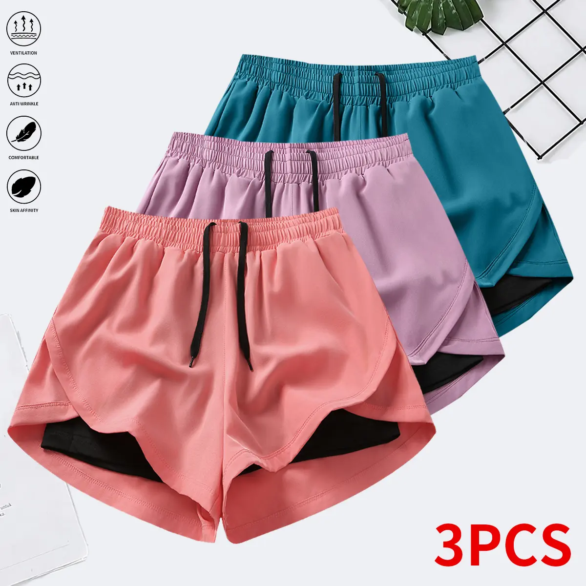 Women’s summer shorts: double-layer faux two-piece mid-length knit pants made from polyester–spandex fabric; breathable, quick-drying compression base layer shorts with a high waist and elastic drawstring waistband; faux two-piece design for privacy/anti-