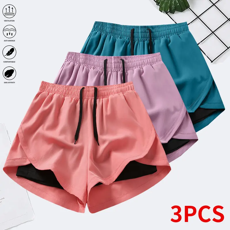 Women’s High-Waisted Stretchy Seamless Polyester-Spandex Sports Shorts Set, Active Fitted-Cut Gym Wear with Breathable Quick-Dry Elastic Drawstring Waistband, Mid-Length Compression Base Layer, Mock Double-Layer Privacy Design for Running, Gym, Fitness