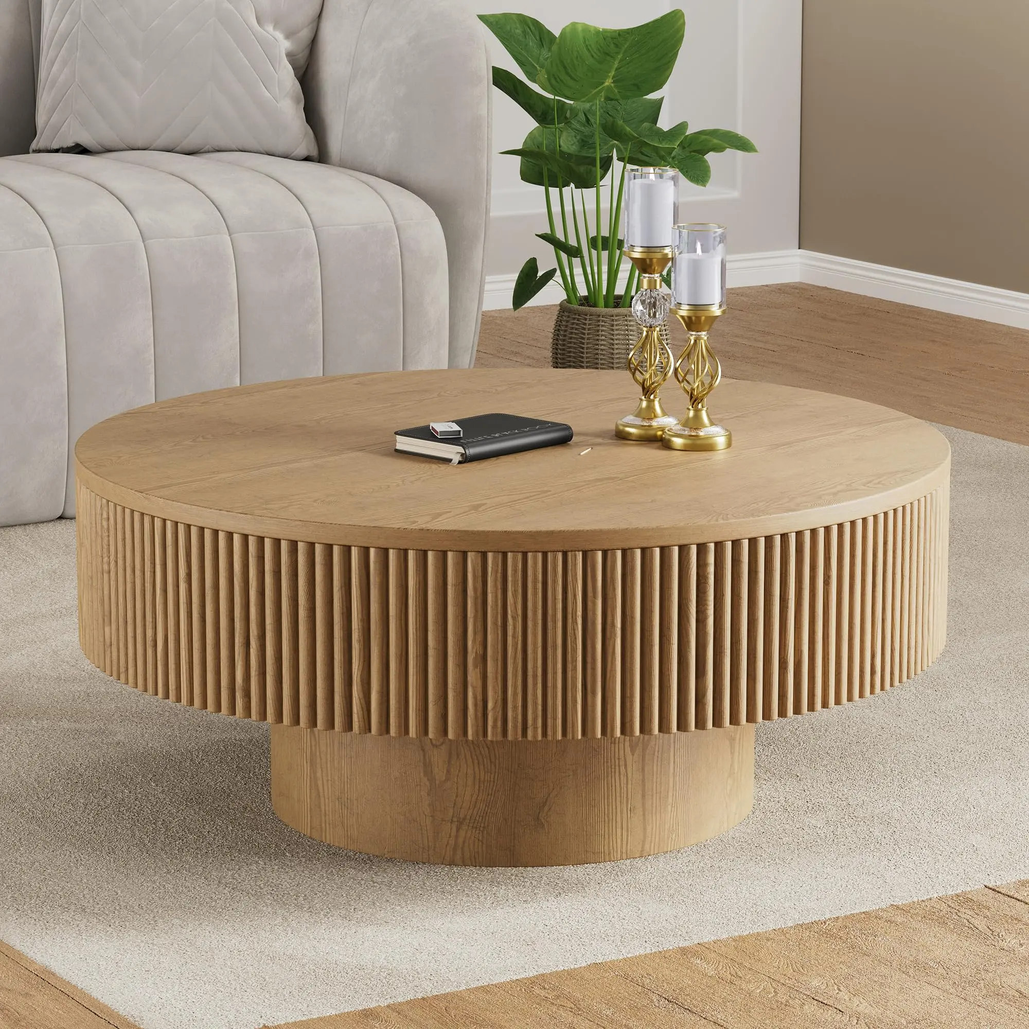 【Summer Sale】YOUDENOVA 31/35" Round Fluted Flat-Top Coffee Table, Modern Handcrafted Wood Circle Veneer Relief Desk with Sturdy Pedestal, MDF Material, Easy Assembly, Farmhouse Spring Greenish for Living Room, Circle Coffee Tables