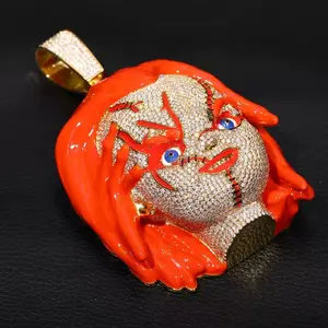 M2-2417 Iced Horror Doll Pendant Red Enamel Stitched Design Streetwear Jewelry Unique Fashion Accessory