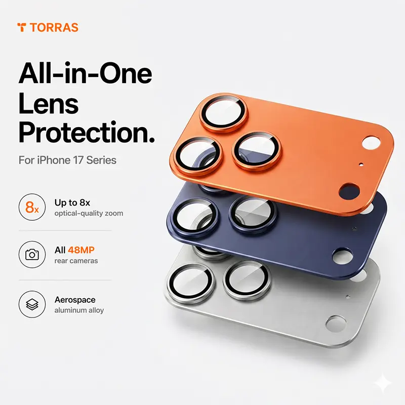 TORRAS 1-Piece Camera Lens & Module Protector for iPhone,Camera Lens Protector, [Metal Frame] with Military Grade 9H+ Tempered Glass, Full Coverage, Anti-Scratch, 12 FT Shatterproof, Case Friendly, 1-Piece, Cosmic Orange,  -for iPhone 17 Series