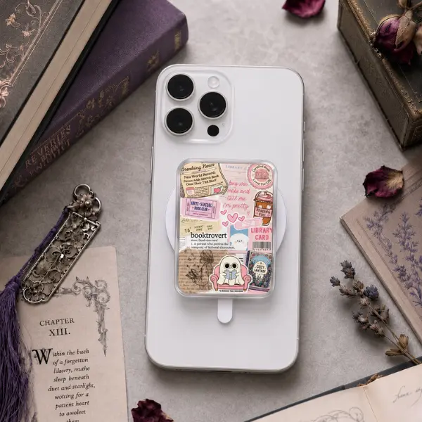 Booktrovert Collage MagSafe Phone Grip, Aesthetic Bookish Phone Accessory, Cute Ghost Reader PopSocket, Library Card Design, Gift for Readers, BookTok Must-Have