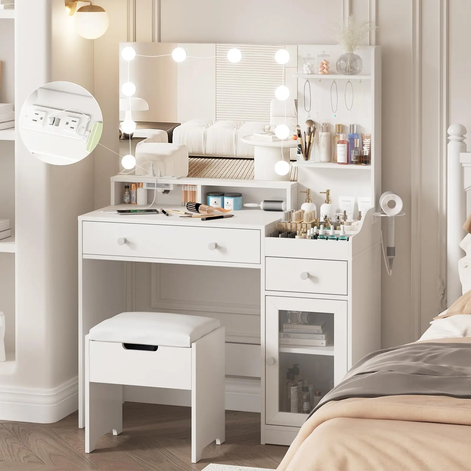 [Summergarden] Vabches Vanity with Mirror and Lights, Makeup Vanity Table with Charging Station, Cute Vanity Set with Comfortable Bench, Big Vanity with 3 Storage Compartments