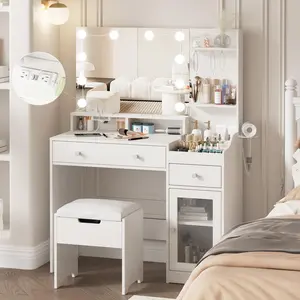Vabches Vanity with Mirror and Lights, Makeup Vanity Table with Charging Station, Cute Vanity Set with Comfortable Bench, Big Vanity with 3 Storage Compartments