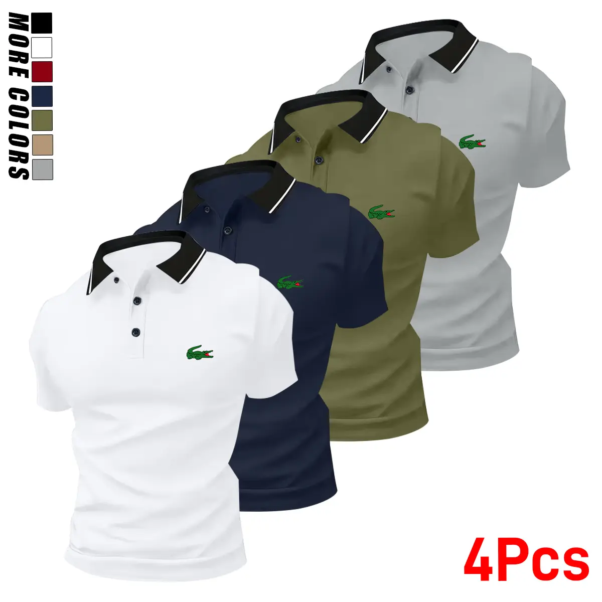 4-pack men’s summer tops with animal print patterns, button placket and collar; polyester polo shirts that are machine washable, comfortable and stretchy—suitable for golf, everyday casual wear, fishing, and camping.