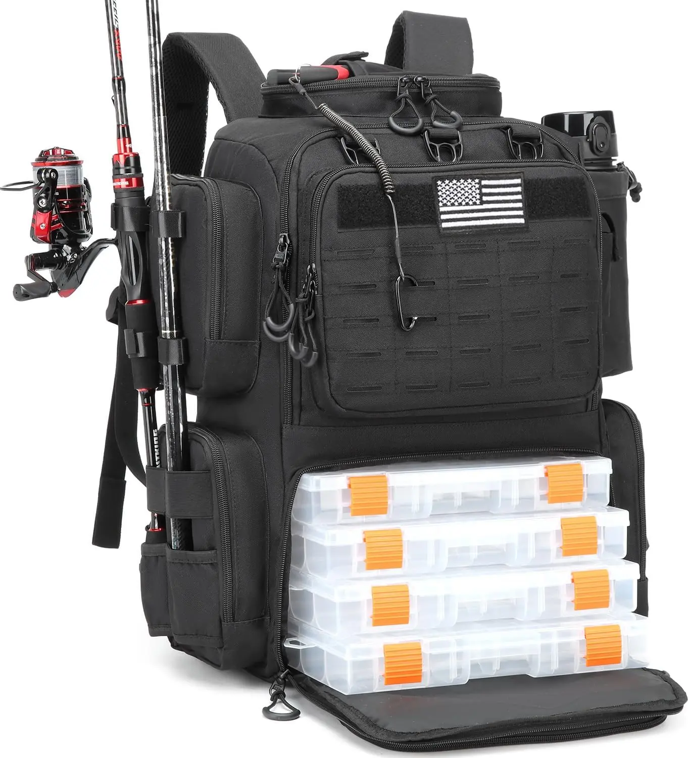 Tactical Fishing Backpack with 4 Tackle Boxes, Rod Holders & Bottle Holder | 50 L Large Insulated Fishing Tackle Backpack with Cooler, Fishing Bag for Store Gear & Equipment