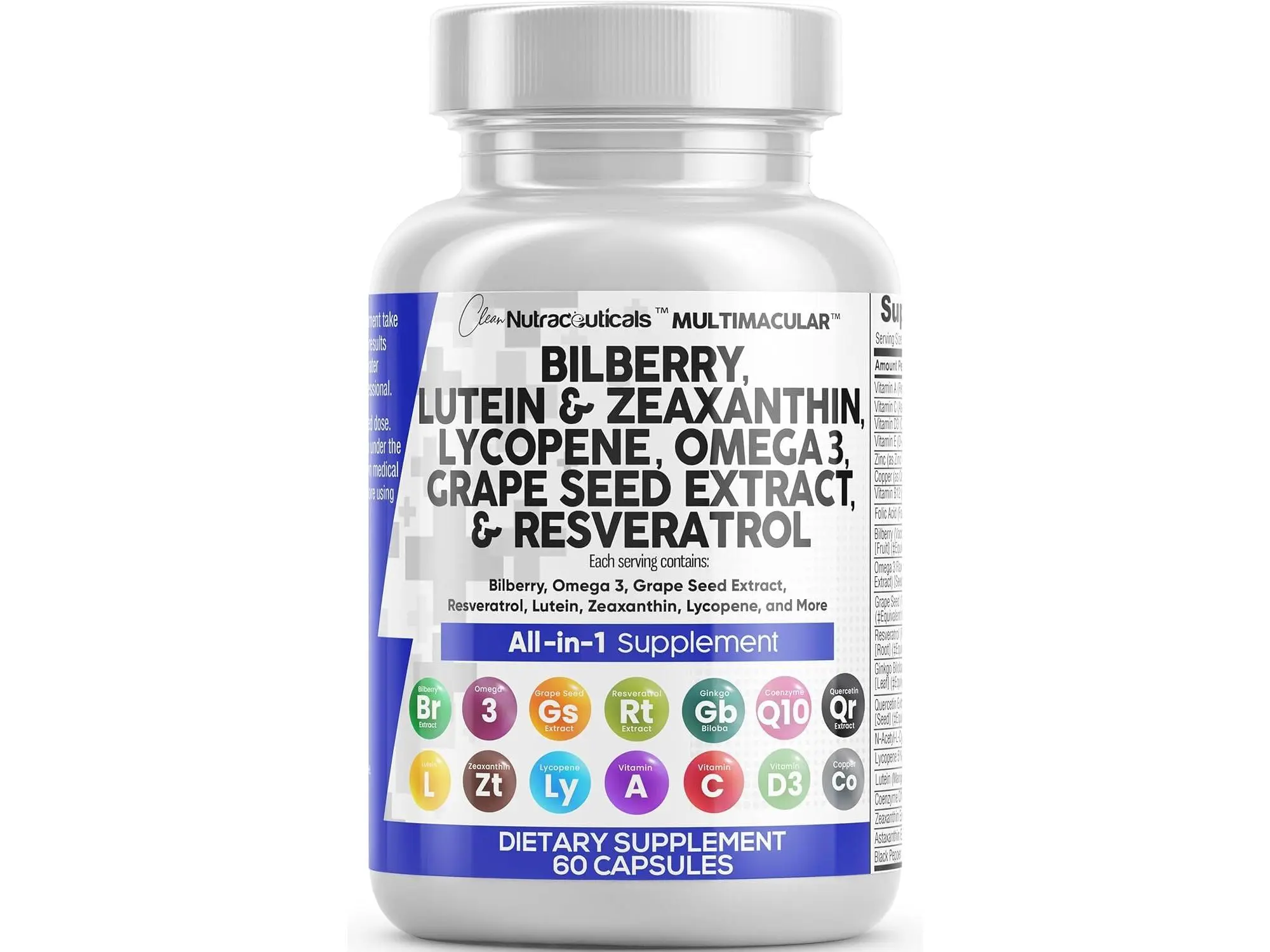Clean Nutra Bilberry, Lutein & Zeaxanthin, Lycopene, Omega 3, Grape Seed Extract & Resveratrol for Eye Health Vitamins - MultiMacular