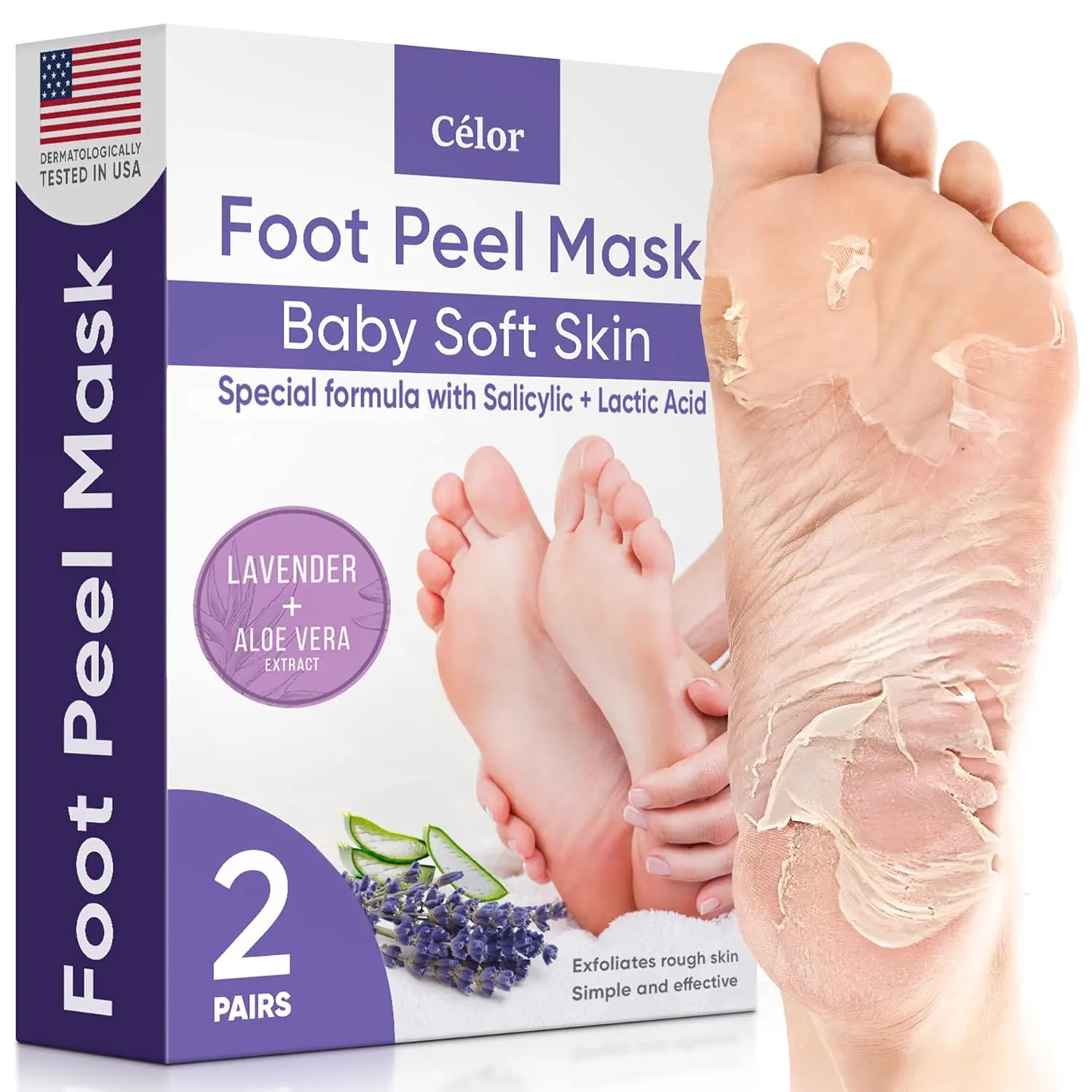 CÉLOR Foot Peeling Mask for Dry Cracked Feet | Foot Mask to Exfoliate Rough, Cracked, Dry Feet, Calluses for Soft Baby Feet Results | Made with Aloe Vera Extract for Women & Men (2 Pairs) | Lavender