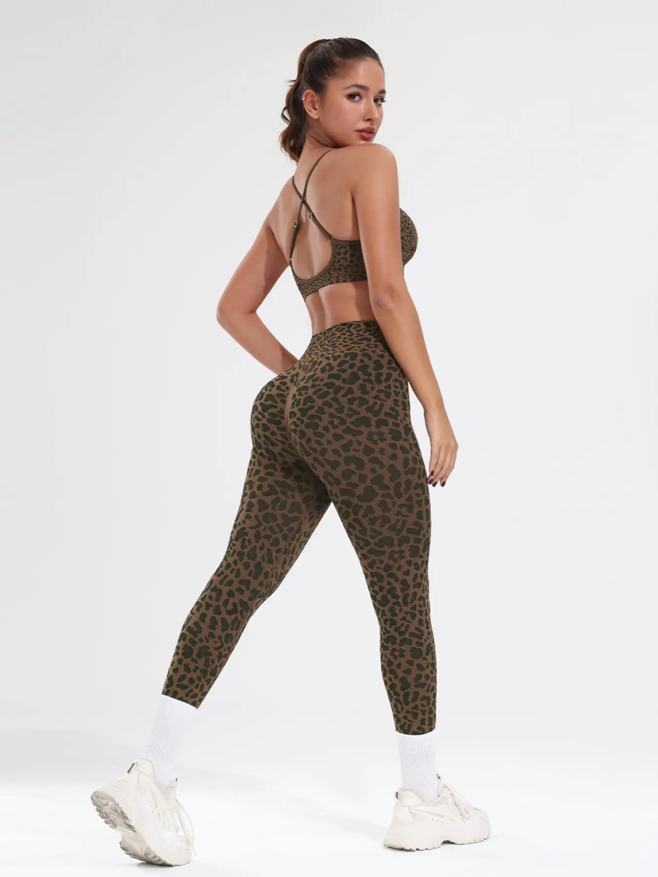 Women's Seamless Leopard Print Suit with Cross Backless Design High-Waisted Slim Fit Long Pants Casual All-Season Fashion Set Comfortable and Versatile