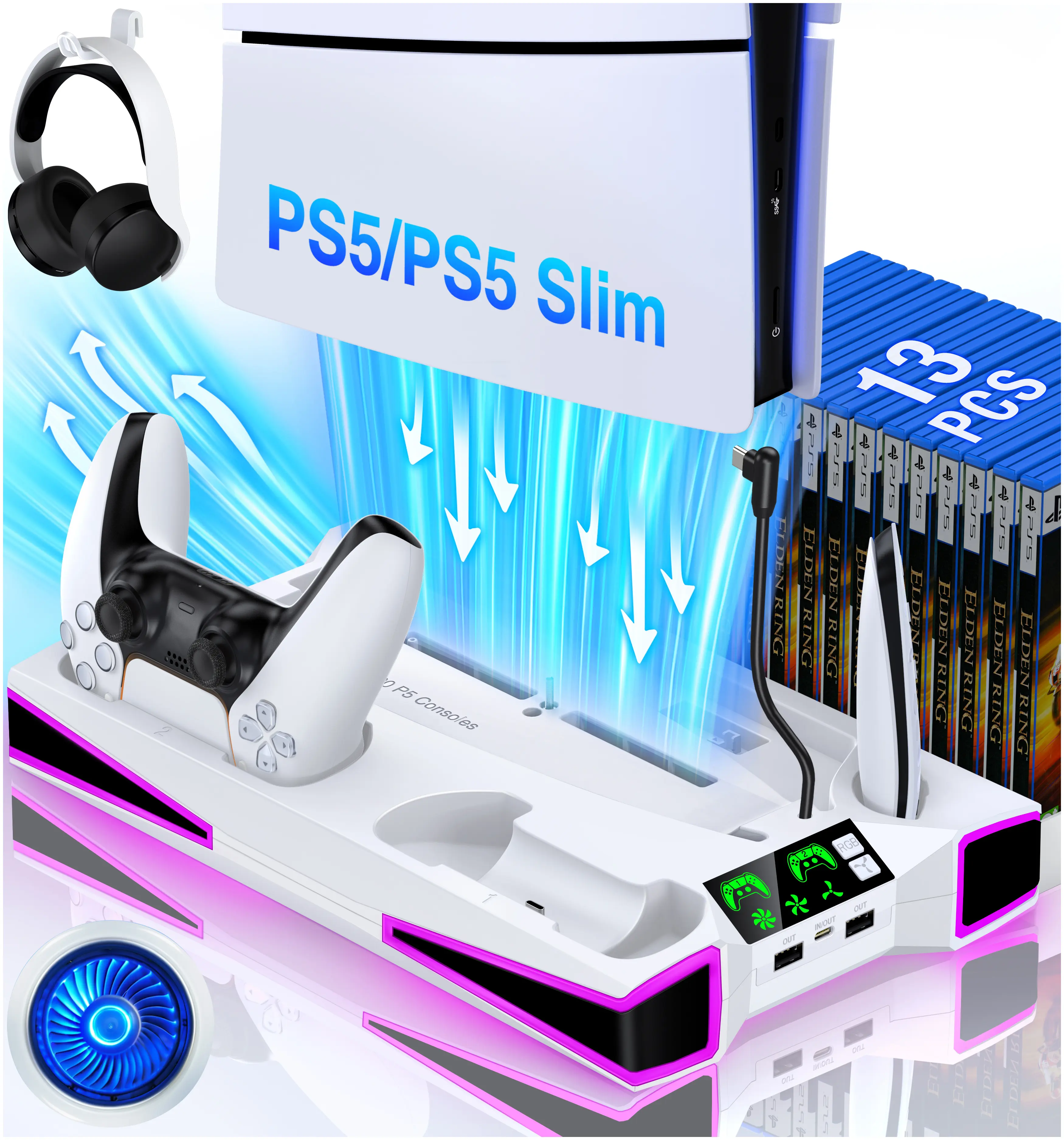 Compact All-in-1 Gaming Cooling Station for 2020 PS5/Slim Consoles - Gamer Electronic Gadgets with Dual Controller Charger, Cooler Airflow Fan, Console Lock, Headset Holder, 3-Port USB Hub