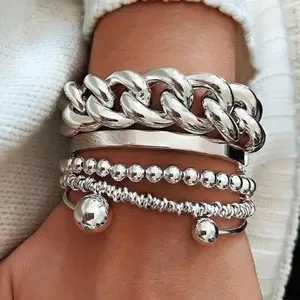 5PCS Fashion Chain Style Open Cuff BraceletSet,Stackable Design,Fashion Accessories for Women & Men, CubanChain Bracelets, Trendy Jewellery Accessories