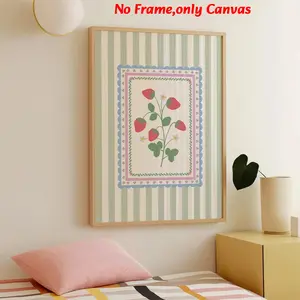Unframed Wall Art, Decorative Artwork, 1pc Vintage Poster, Strawberry Bouquet Art Print, Floral Strawberry Print, Green White Stripes Pink Blue Canvas Painting, Home Decor, Housewarming Gift, Decoration